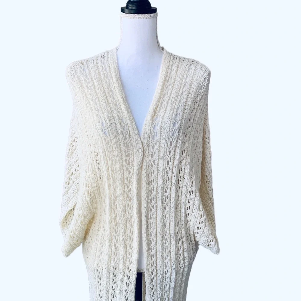 AMERICAN EAGLE CROCHET KNIT TASSEL TRIM CARDIGAN DUSTER SWEATER - Picture 9 of 12